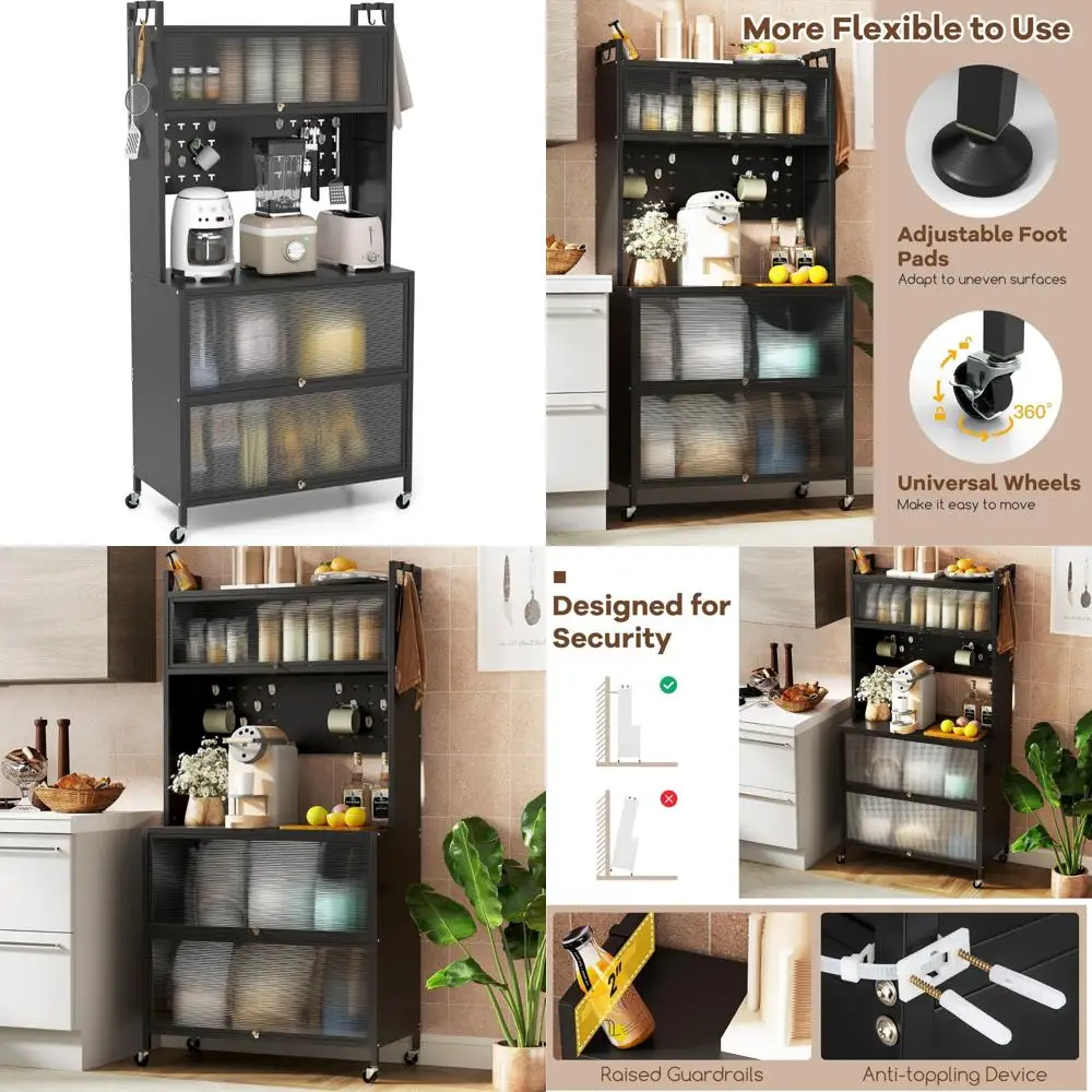 5-Tier Rolling Kitchen Baker's Rack with Wheels, Microwave Stand, Flip Door Cabinets, Pegboard Hooks, Adjustable Storage Solutio