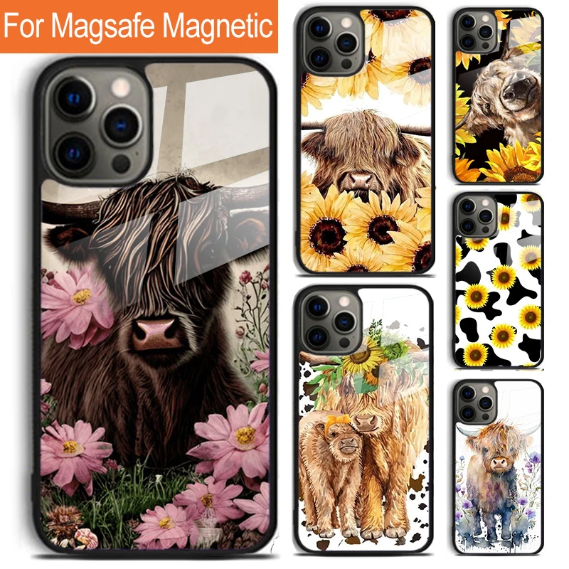 Western Highland Cow Sunflower Cute Phone Case For iPhone 17 Air 16 15 14 12 Pro Max Plus Magsafe Magnetic Wireless Cover