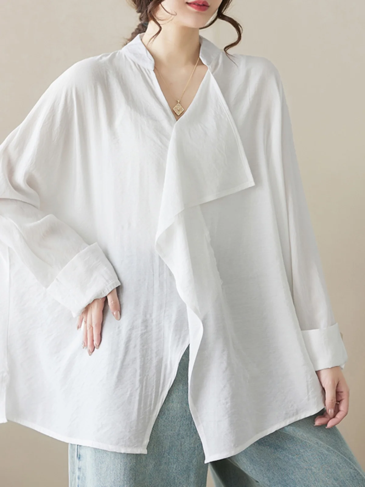 

Loose V-Ne Women's irt Pure Color Spring Design Casual Faion Commute Sle Long Sve Batwing Sve Mid-Length irt