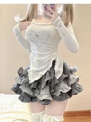 HOUZHOU Kawaii słodki koszulki w stylu Harajuku Top damski japońska moda Y2k nieregularne falbany śliczny Rabblit nadruk Slim T Shirts Soft Gril