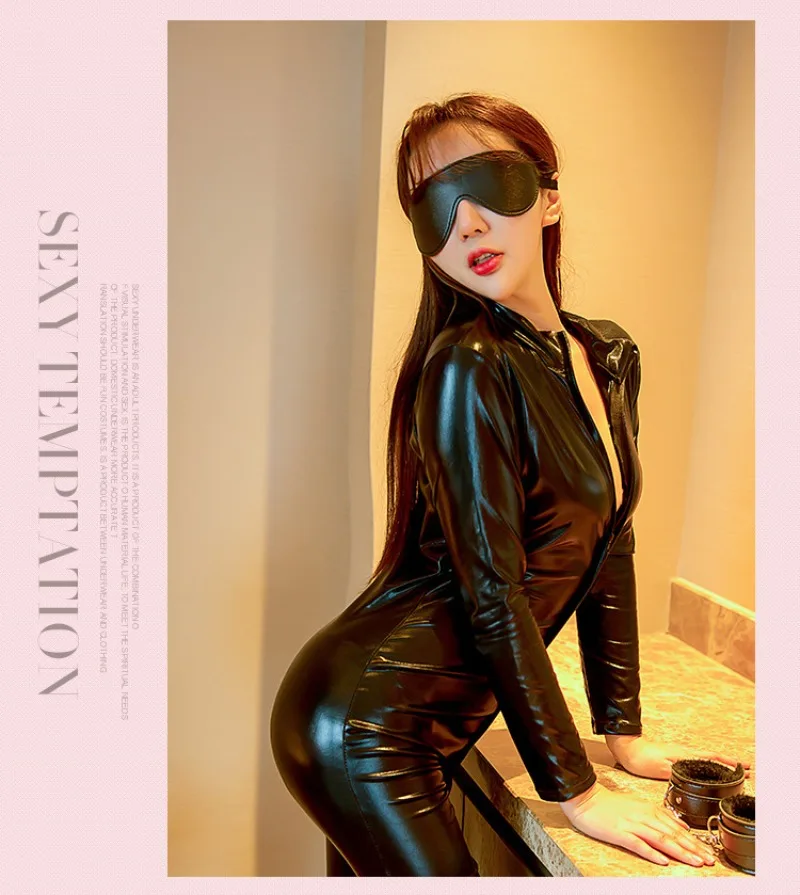 

New Latex Catsuit Faux Leather Women Jumpsuits Black Glossy Bodysuit Sexy Bodycon Erotic Open Crotch Costume Club Wear Cat Suit