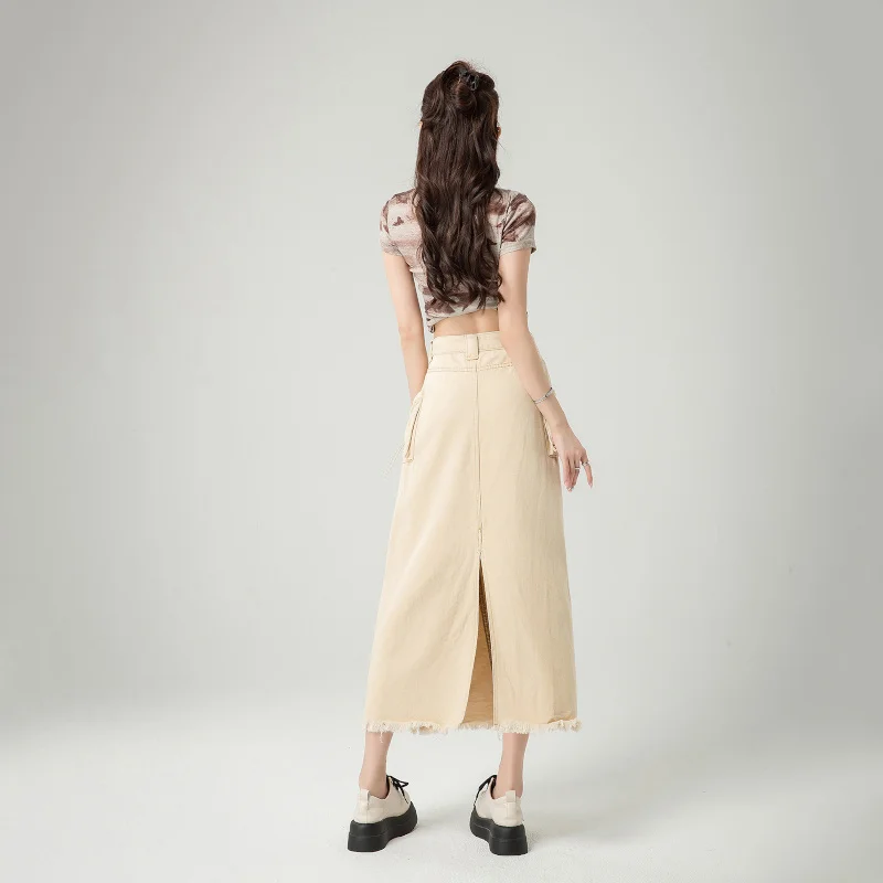 Retro American Design Sense High Waist Split Half Skirt For Women In Summer, Slim Fit, Versatile Drawstring Work Dress