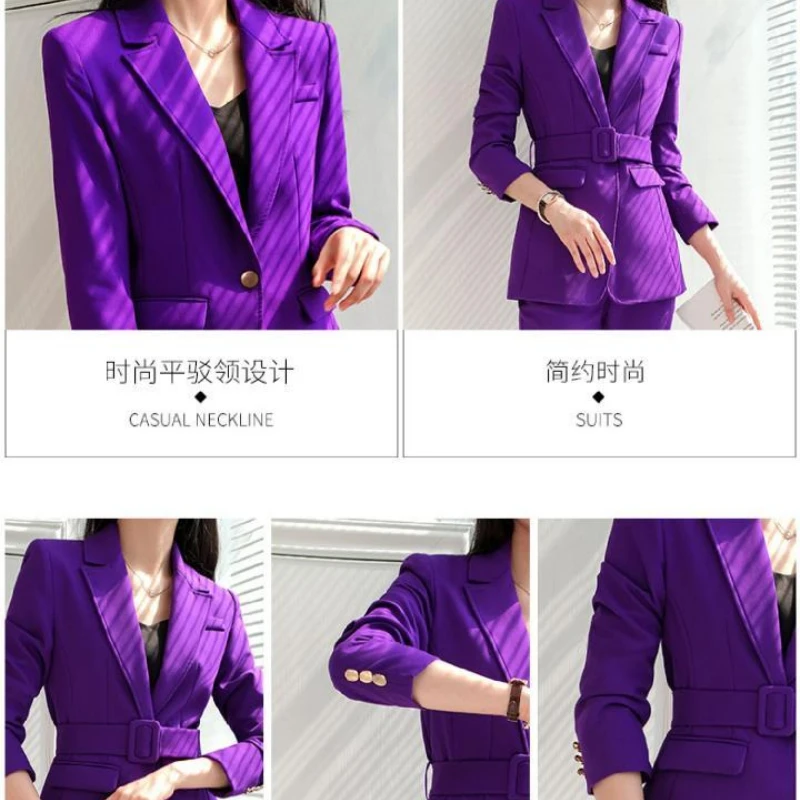 Terno roxo casaco de 2 peças moda escritório temperamento feminino primavera e outono coreano casual terno de negócios cor sólida