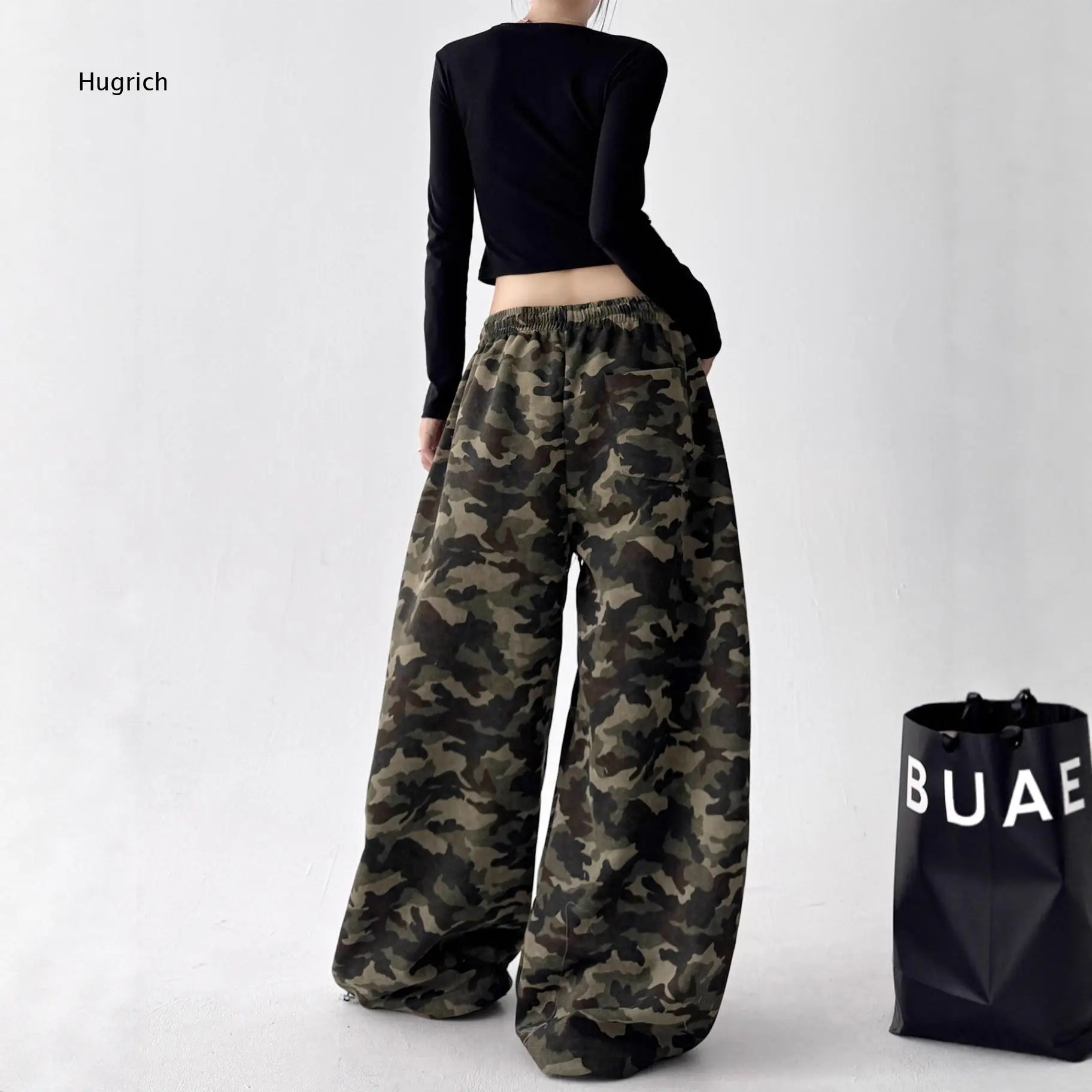 Camo Print Oversized Wide Leg Trouser Adjustable Red Drawstring Waist Rhinestone Embellished Side Letter Casual Sweatpants