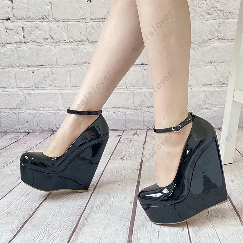 Ahhlsion Real Photos Women Platform Pumps Ankle Strap Wedges Heels Round Toe Elegant Black Casual Shoes US Plus Size 4-14