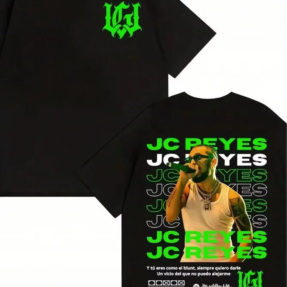 T-shirt, Jc Reyes, musique urbaine, image de l'artiste et texte en vert, style urbain, fans de reggaeton, manches courtes, concerts et événements, cadeau pour vous