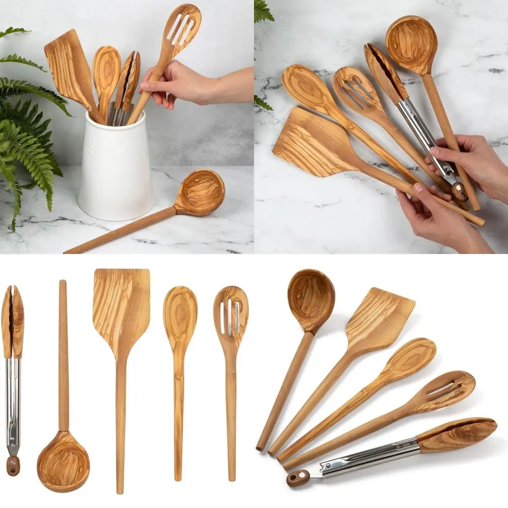 

Набор кухонной утвари из 5 предметов из оливкового дерева: токарный станок, щипцы, ложка с прорезями, ковш, 12 ложок — идеально подходит для сковородок с антипригарным покрытием