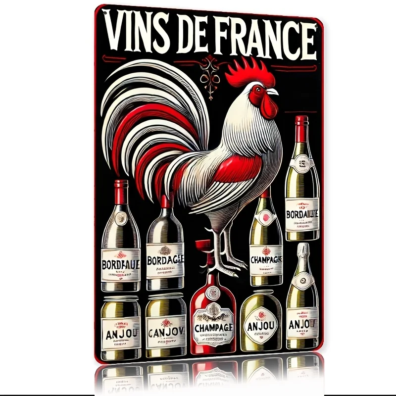 Letrero de metal con diseño de gallo encantador y botellas de vino de Vins de France, arte de pared de metal duradero para cocina, bar, sala de juegos masculina, garaje