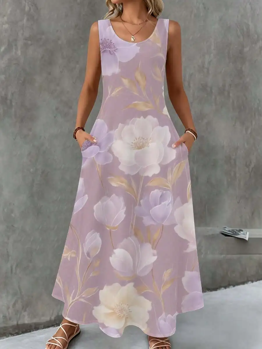 

Floral Print Sleeveless Maxi Dress Lavender White Purple Summer Beach Casual