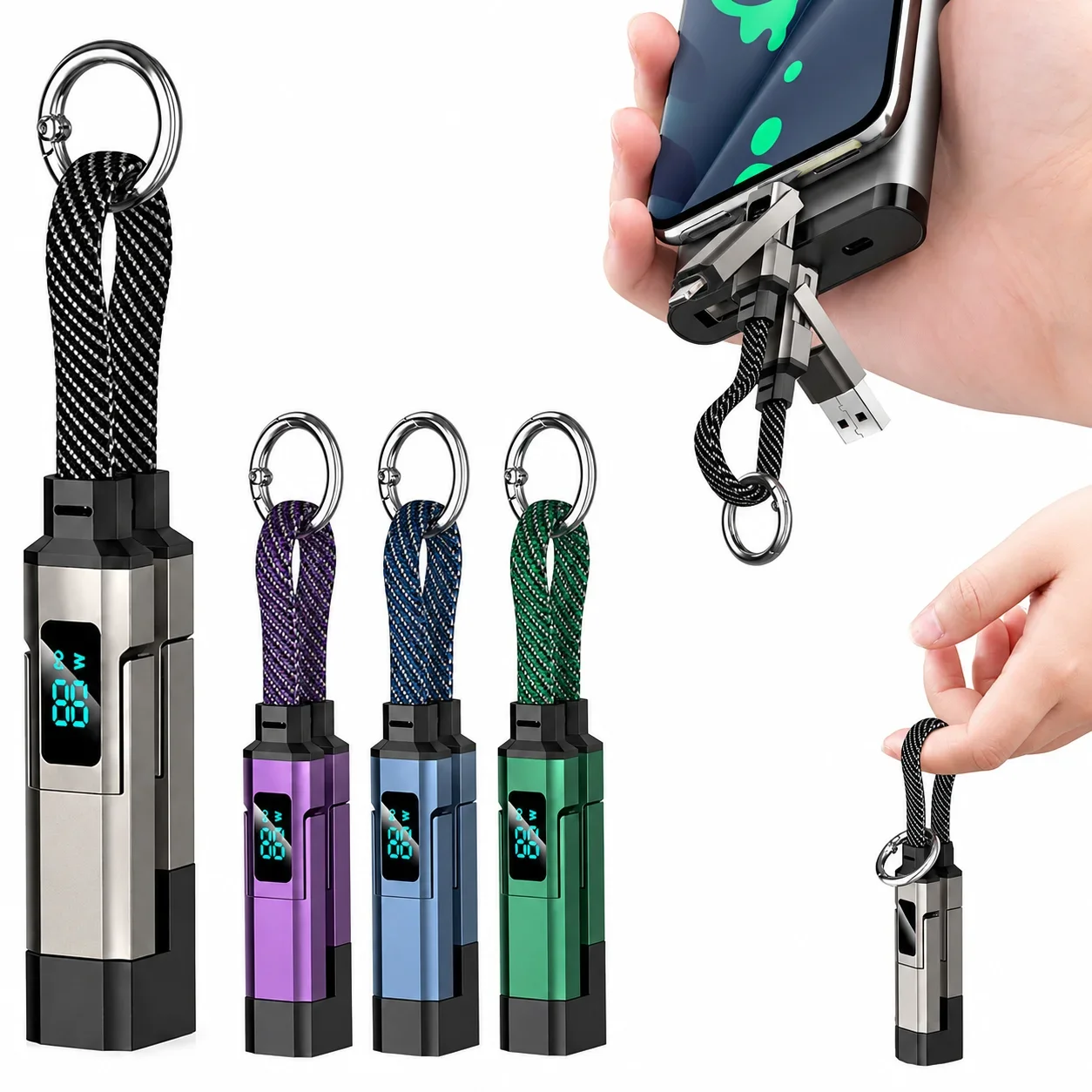 4-in-1 USB C Keychain Charger Cable with Digital Display 65W Fast Charging Short Braided Data Cord for Type-C/L/USB-A Portable