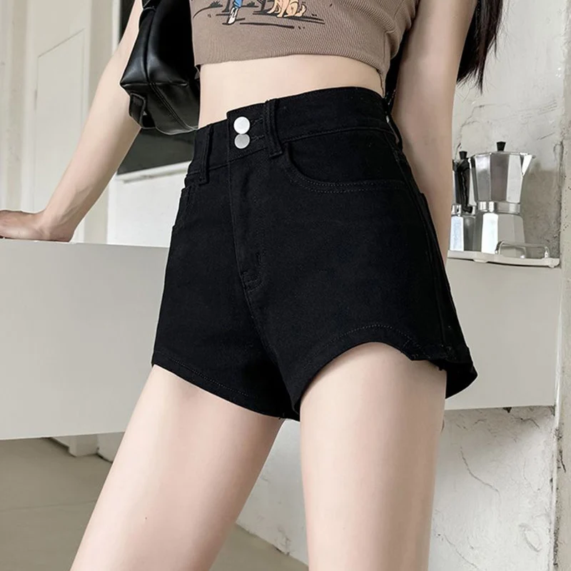 

Summer Lady Fashion Double Button Jeans Hot Sale Classic Daily Girls High Waist Short Pants Female Solid A-Line Denim Shorts