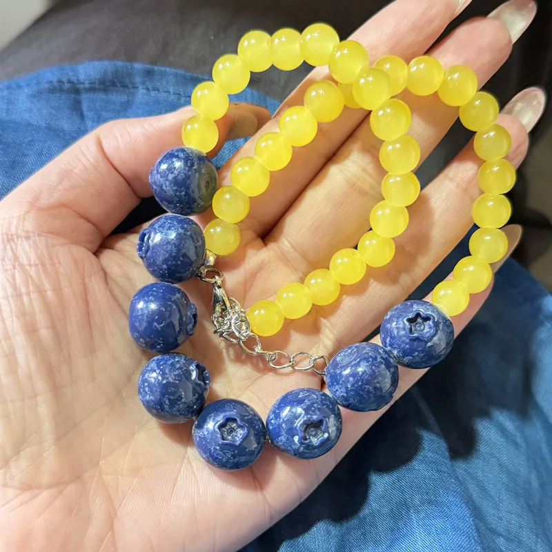 Blueberry Pendant Necklace for Women Aesthetic Fruit Bead Glass Jewelry Sweet Beach Style Acrylic Design