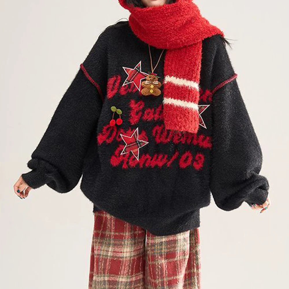 

American retro letter embroidered star autumn and winter mink crew neck lazy loose top knitted sweater
