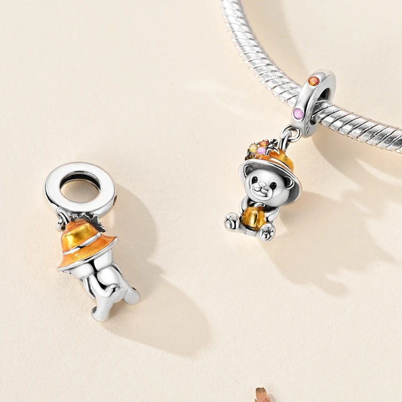 Autumn Style 925 Sterling Silver Golden Maple Leaf&Little Fox&Bear&Rotating Windmill Dangle Charm Fit Brand Bracelet Gift Jewelr