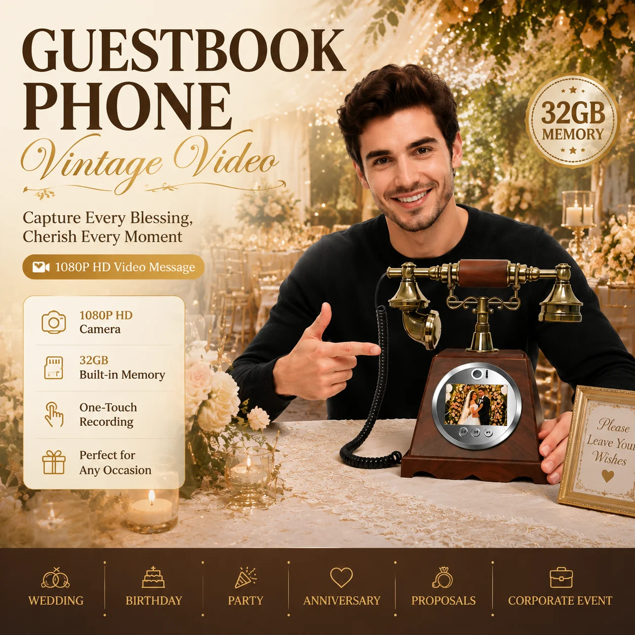 Audio Vintage Video Guestbook Telephone Recordable Save Wedding Party Wishes Voicemail 32GB Vintage Audible Memory Keepsake Gift