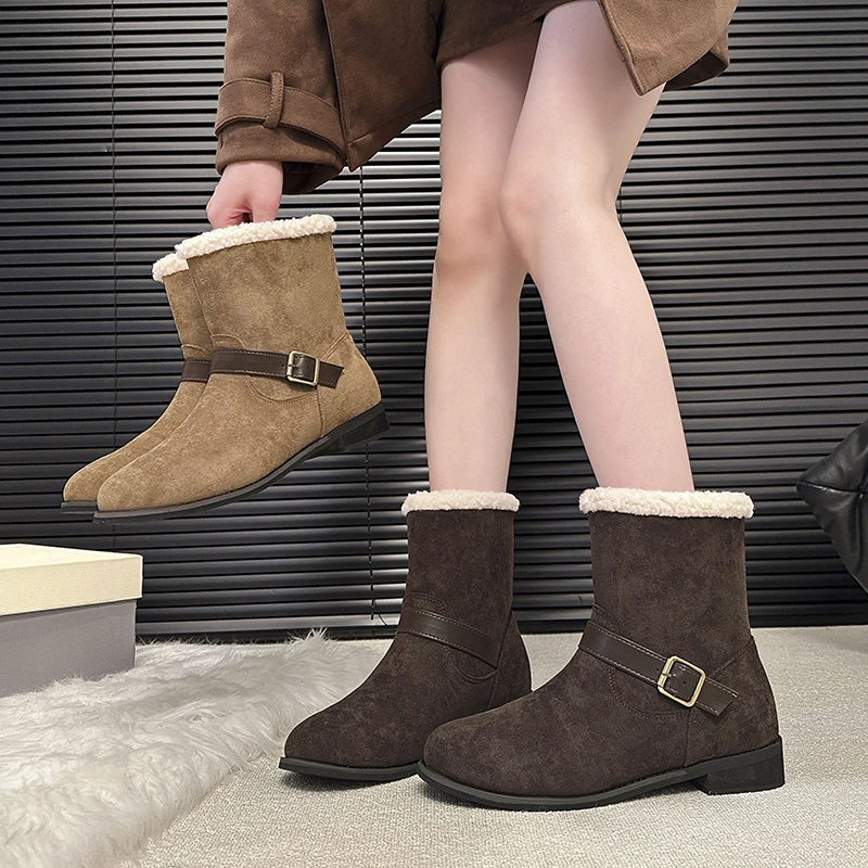 

Winter New Cotton Boots Fashion Round Head Cow Suede Plus Wool Thickened Warm Soft Sole Booties