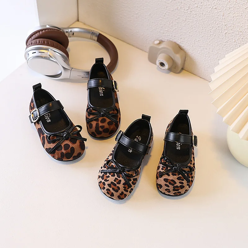 Retro Spring Autumn Children's Leather Shoes Fashion Leopard Pattern Girls Flat Shoes Round-toe Versatile Kids Mary Jane Shoes