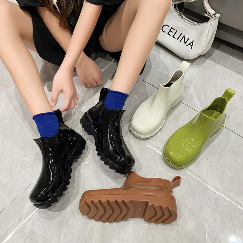 Nuevas Botas de Lluvia Cortas de Gelatina a la Moda, Botas Chelsea con Suela Gruesa, Color Verde Aguacate, para Primav...