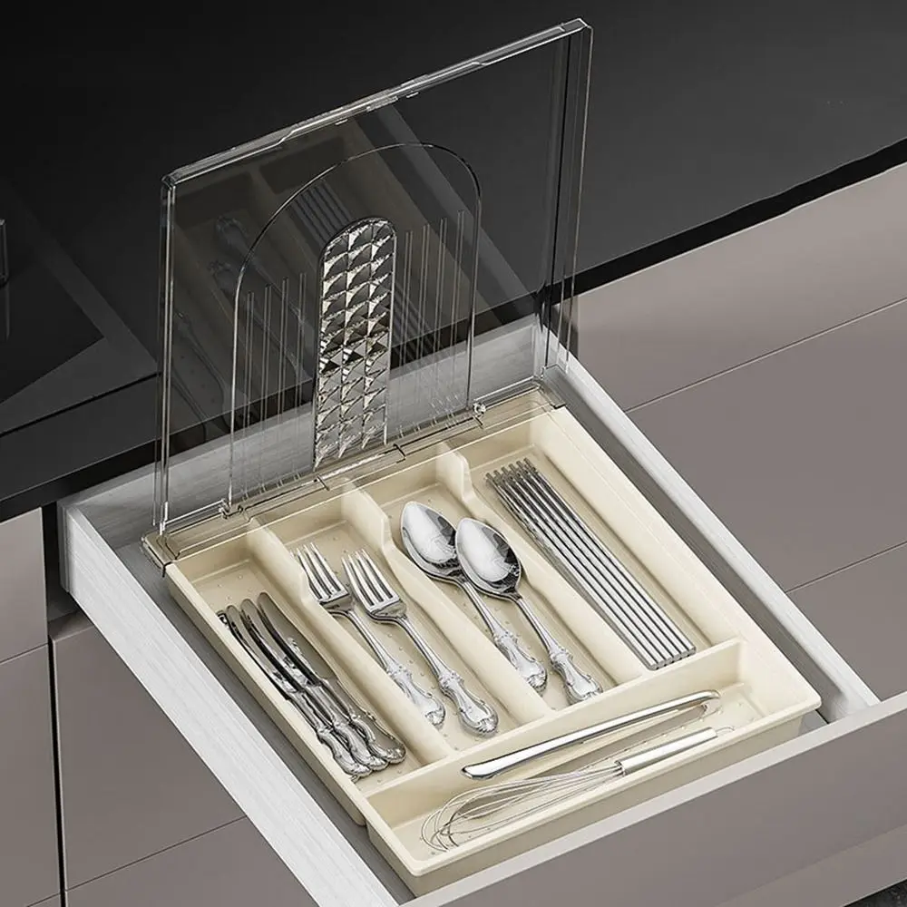 منظم أدوات المائدة البلاستيكية المكونة من 5 مقصورات وغطاء شفاف وصواني فصل أدوات المائدة المقاومة للغبار ذات سعة كبيرة