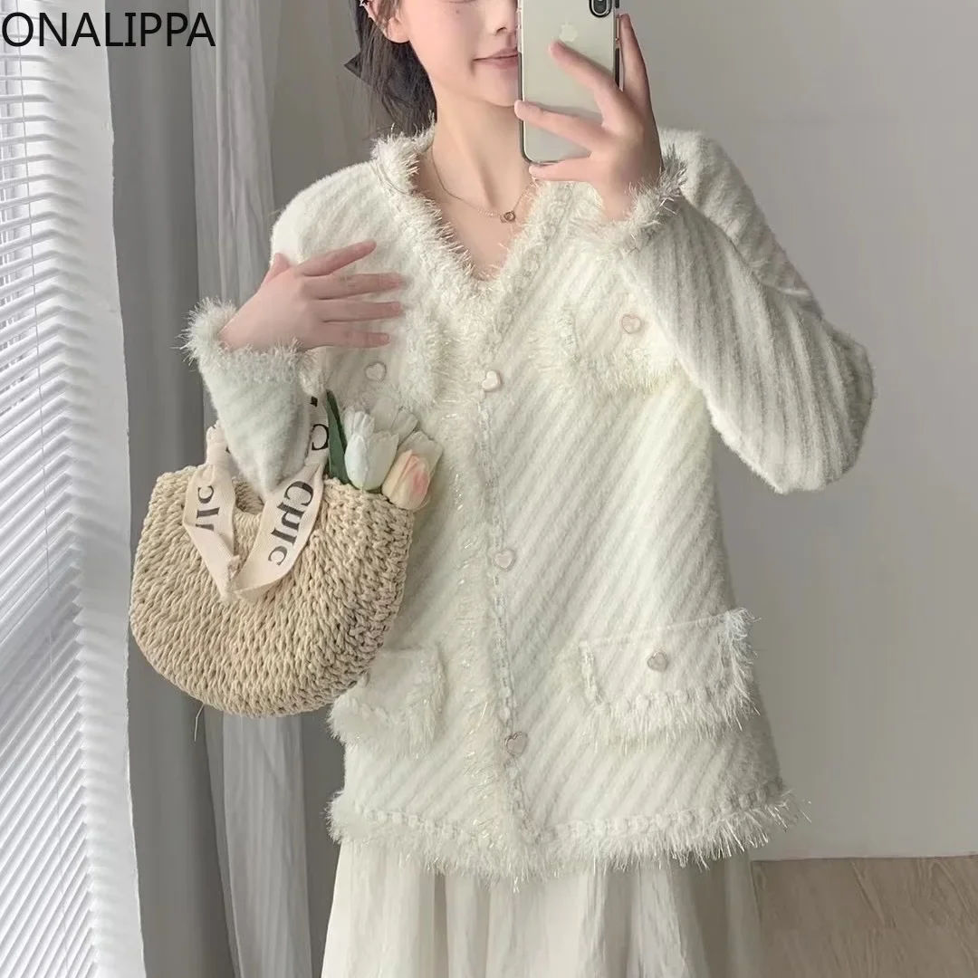 Onalippa Small Fragrance Tassel Knitted Cardigan Heart Shape Buttons Sweet Loose Cardigans Chic Design Long Sleeves Sweater