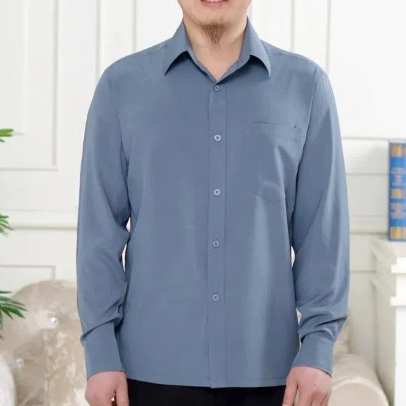 

Fashion Men New Shirt Spring Summer Thin Lapel Solid Pockets Single Breasted Ice Silk Simplicity Long Sleeve Loose Tops JJ209