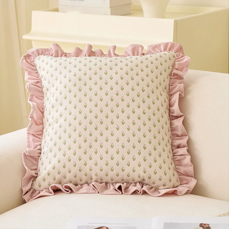 French Luxury Jacquard Cushion Cover with Embroidery Floral 45x45cm Elegant Ruffle Patchwork Sofa Pillowcase for Bedroom Decor