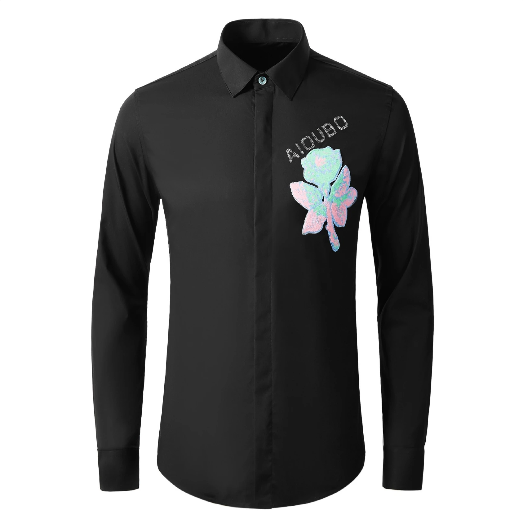 

Spring Summer Long Sleeved Shirt Men Towel Embroidered Rose Casual Men's Shirt Social Business Streetwear Shirts Men Clothing