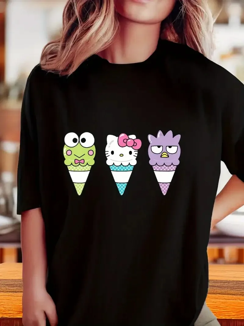 

Хлопковая футболка Playful Sanrio Ice Cream Cone с забавным дизайном конуса мороженого с Keroppi Hello Kitty и Badtz Maru
