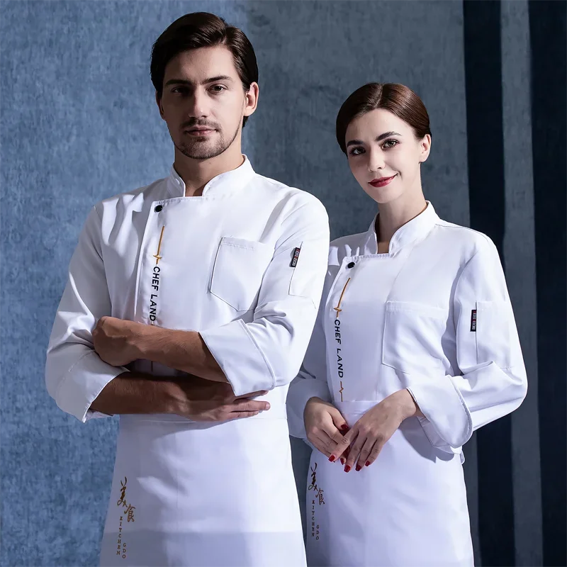 Long Sleeve Chef Jackets Kitchen Chef Restaurant Uniform Custom Logo Shirt Service Bakery Breathable Chef Dress White Apron Men