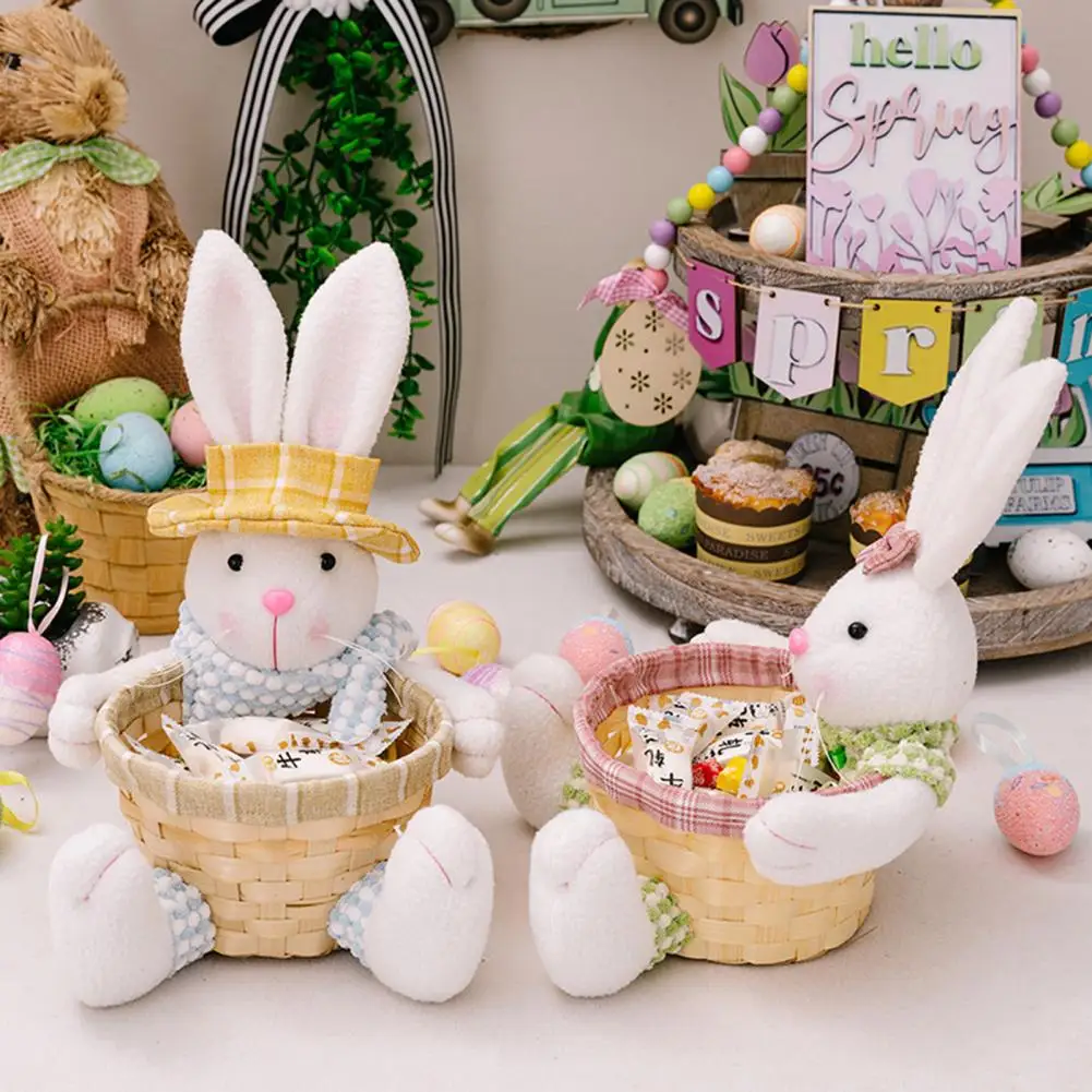 Cartoon Cute Easter Bunny Doll Handmade Easter Rabbit Doll Candy Basket Ornament Display Mold for Spring Home Decoration Kids