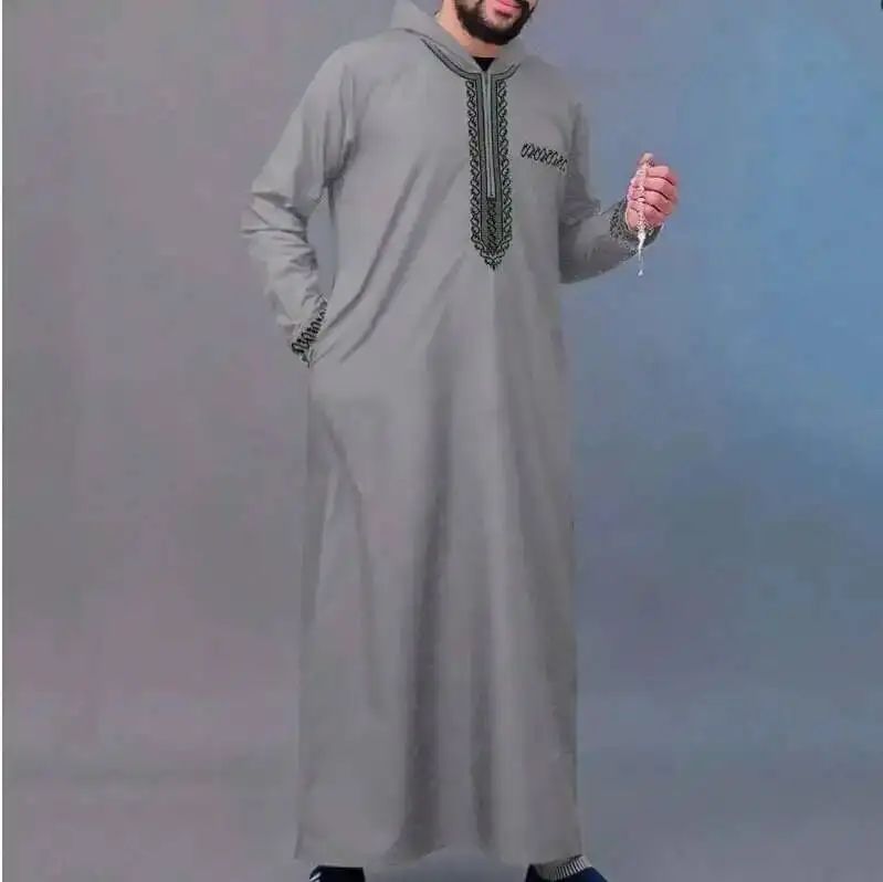 

2026 Loose Muslim Men's Robe Long Sleeve Embroidered Hooded Zipper Islamic Loose Casual Men's Robe Dubai Luxury Islam Elegant