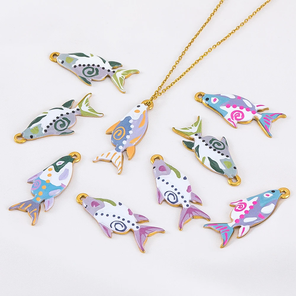 2pcs Stainless Steel Painted Cartoon Shark Oil Drip Pendants for DIY Jewelry Making Necklace and Earring Accessories