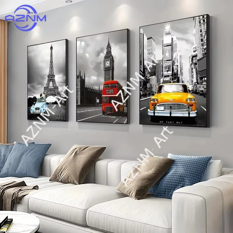 1/3PCS ，Canvas Posters Towers Sports Cars Red Buses Llack and White City Views Beautiful Home Decoration Gift for Friends Room