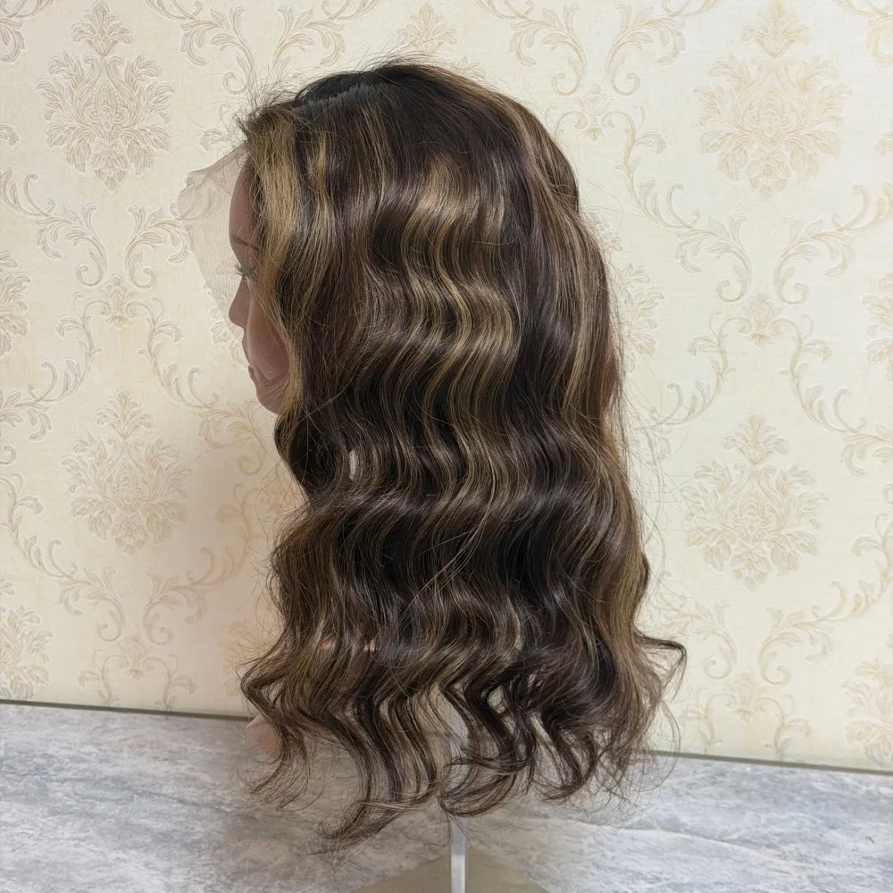 Brown Brunette 13x4 HD Lace Front Wig Virgin Human Hair Preplucked Short Wavy Bob Style with Blonde Highlights for Women