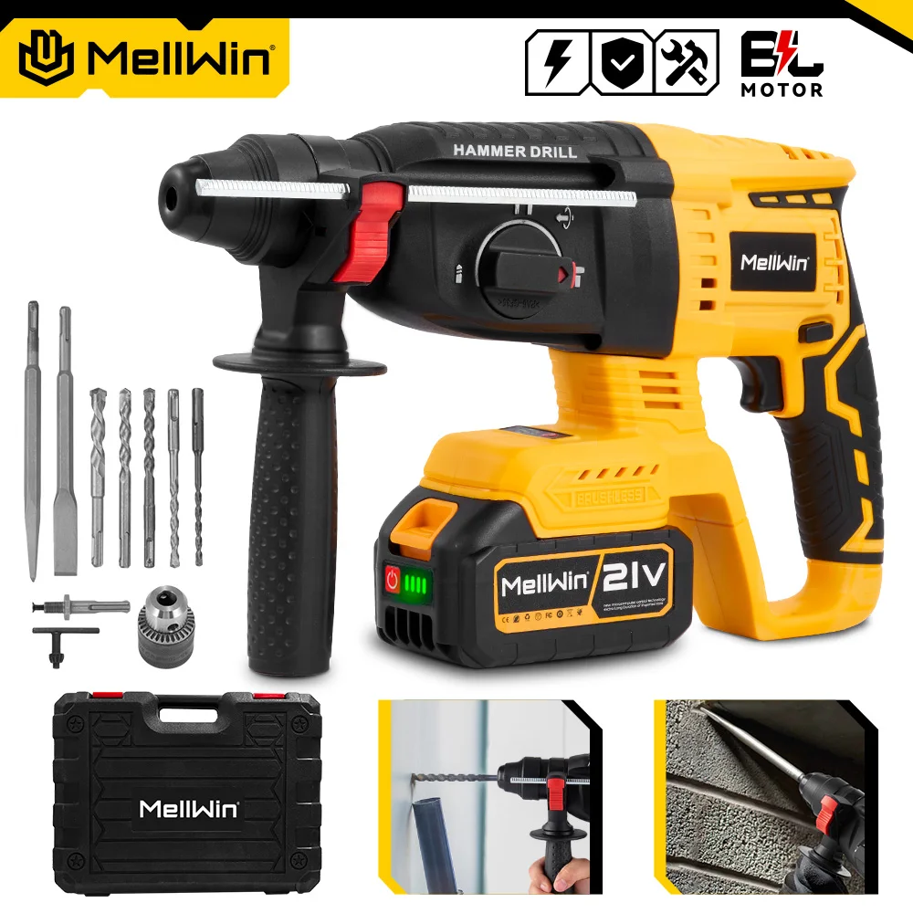 MELLWIN 26MM Bürstenloser Elektrischer Bohrhammer Kabelloser Multifunktions-Bohrhammer Schlagbohrmaschine für Makita 18V Akku