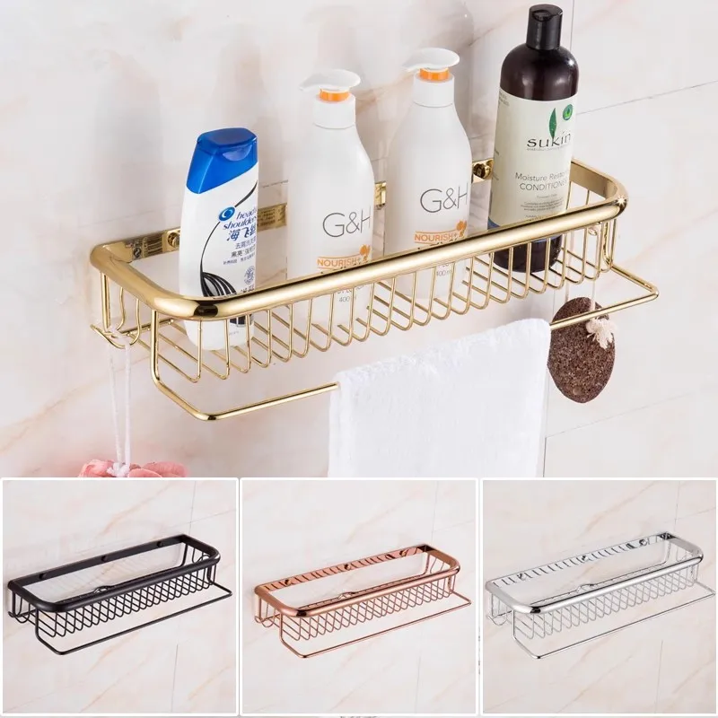 

Tuqiu Gold Bathroom Shelf with towel bar Rose Gold Bath Shower Shelf Brass Bathroom Corner shelf Black Kitchen Storage holder
