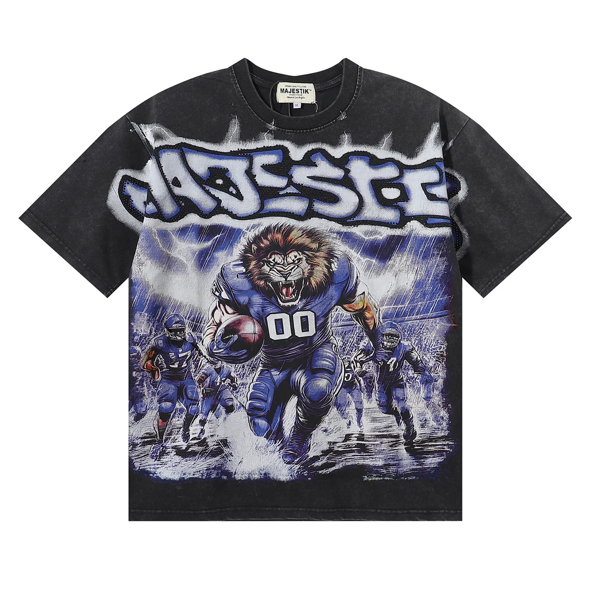 STIK American Style Trendy Brand Short Sleeve T-Shirt Lion Player Washed Vintage Rhinestone High Street Hip Hop Pure Cotton