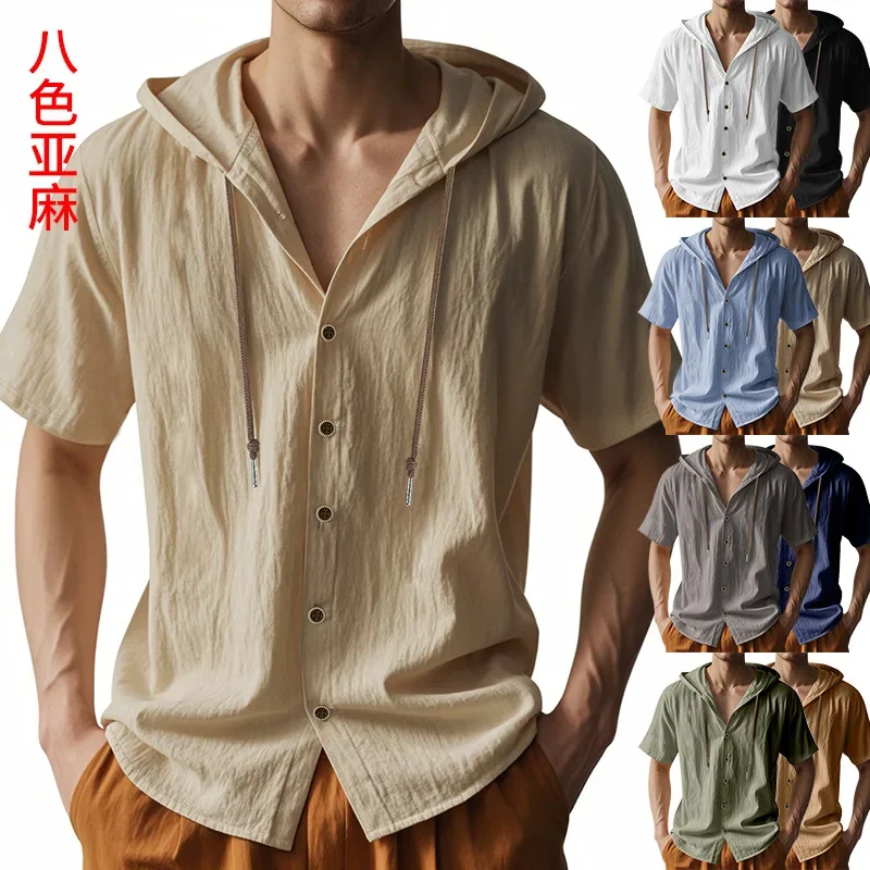 

Thin Linen Hooded Single Breasted Button Short-sleeved T-shirt Men's Summer Shirts Casual Solid Color
