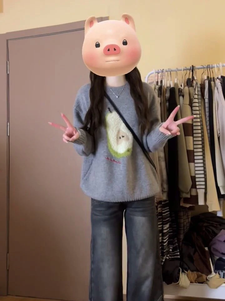 

Осень-зима Lazy Sle round Ne Long Sve Свободный вязаный свитер с мультяшной вышивкой Повседневная верхняя одежда Толстовка