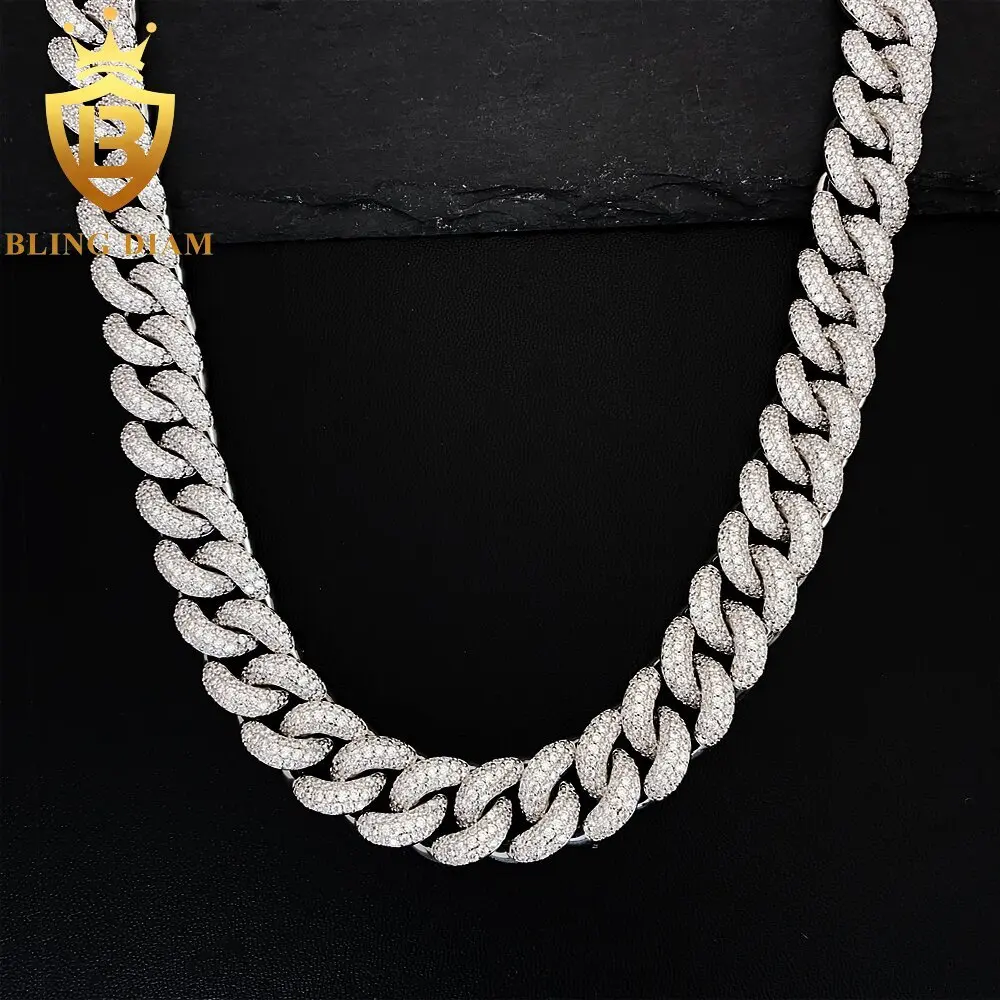 Selling Rapper Jewelry 925 Sterling Silver Round Cut Vvs Moissanite Iced Out Cuban Link Chain