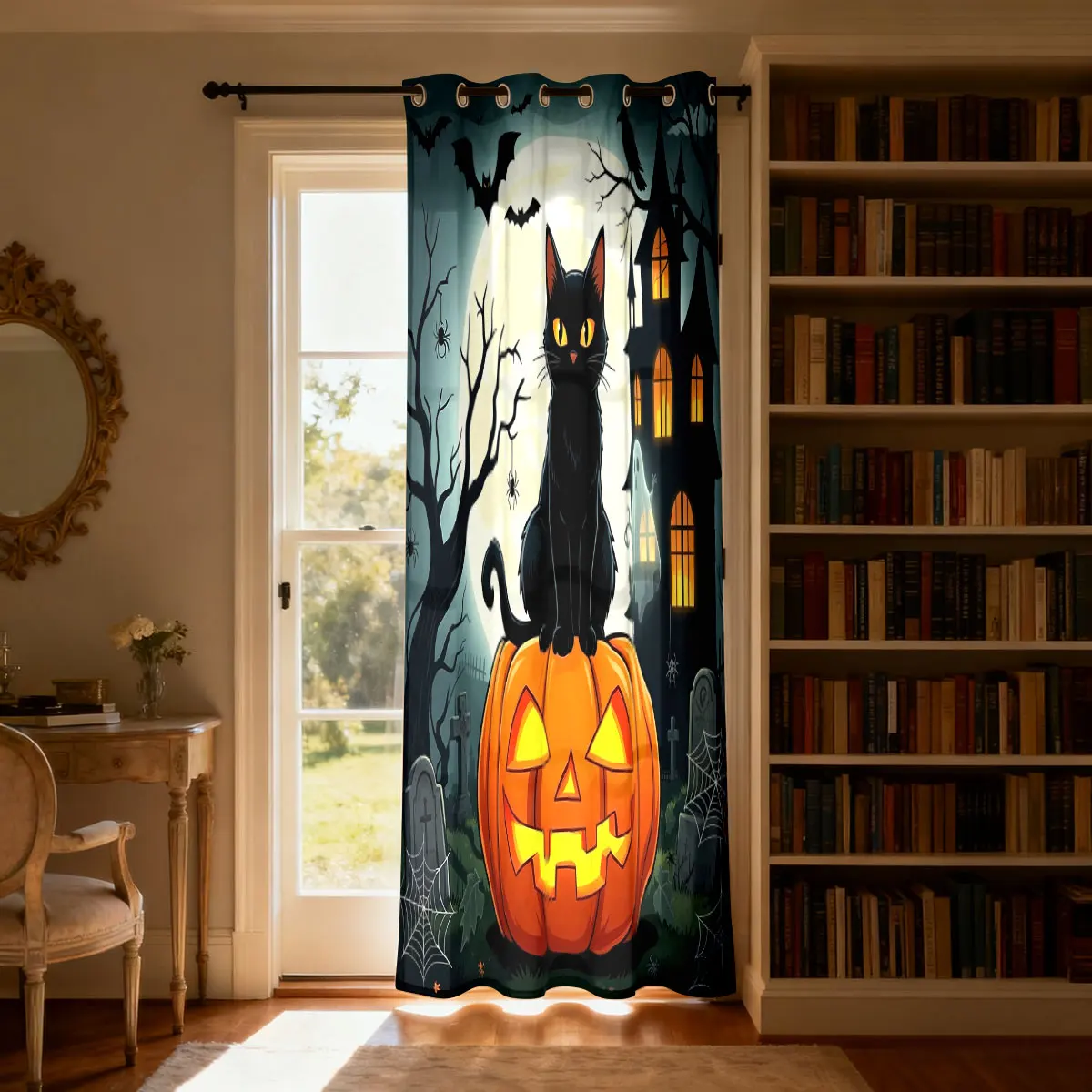 1PC Halloween Black Cat Pumpkin Lantern Haunted House Print Single Loop Curtain For Living Room Bedroom Door Window Stylish H
