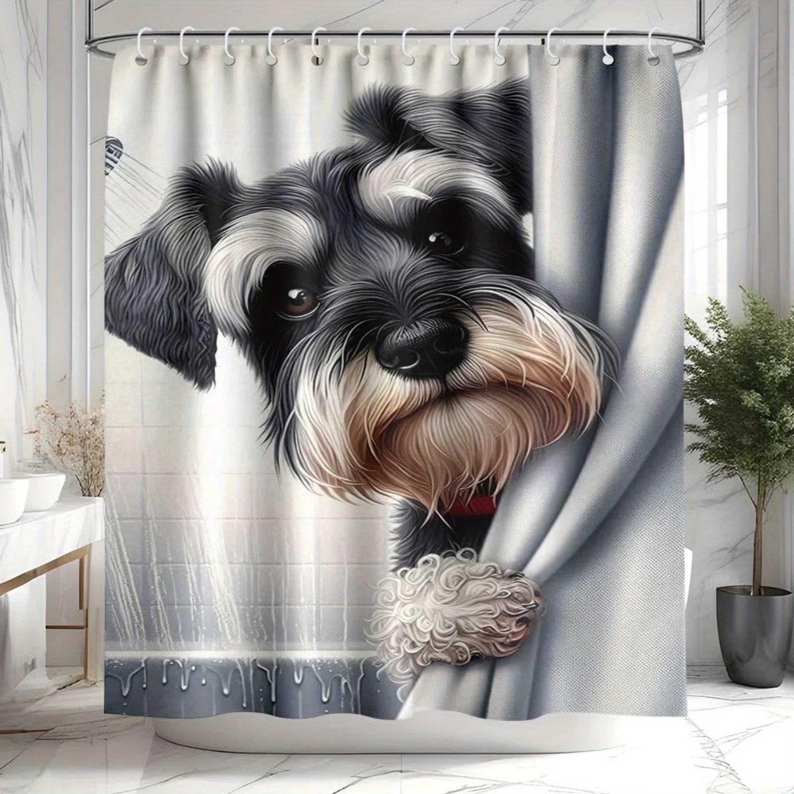 

Cute Schnauzer Dog Shower Curtain Waterproof Moisture Proof Privacy Protection Print Pet Art Design Realistic Animal Face