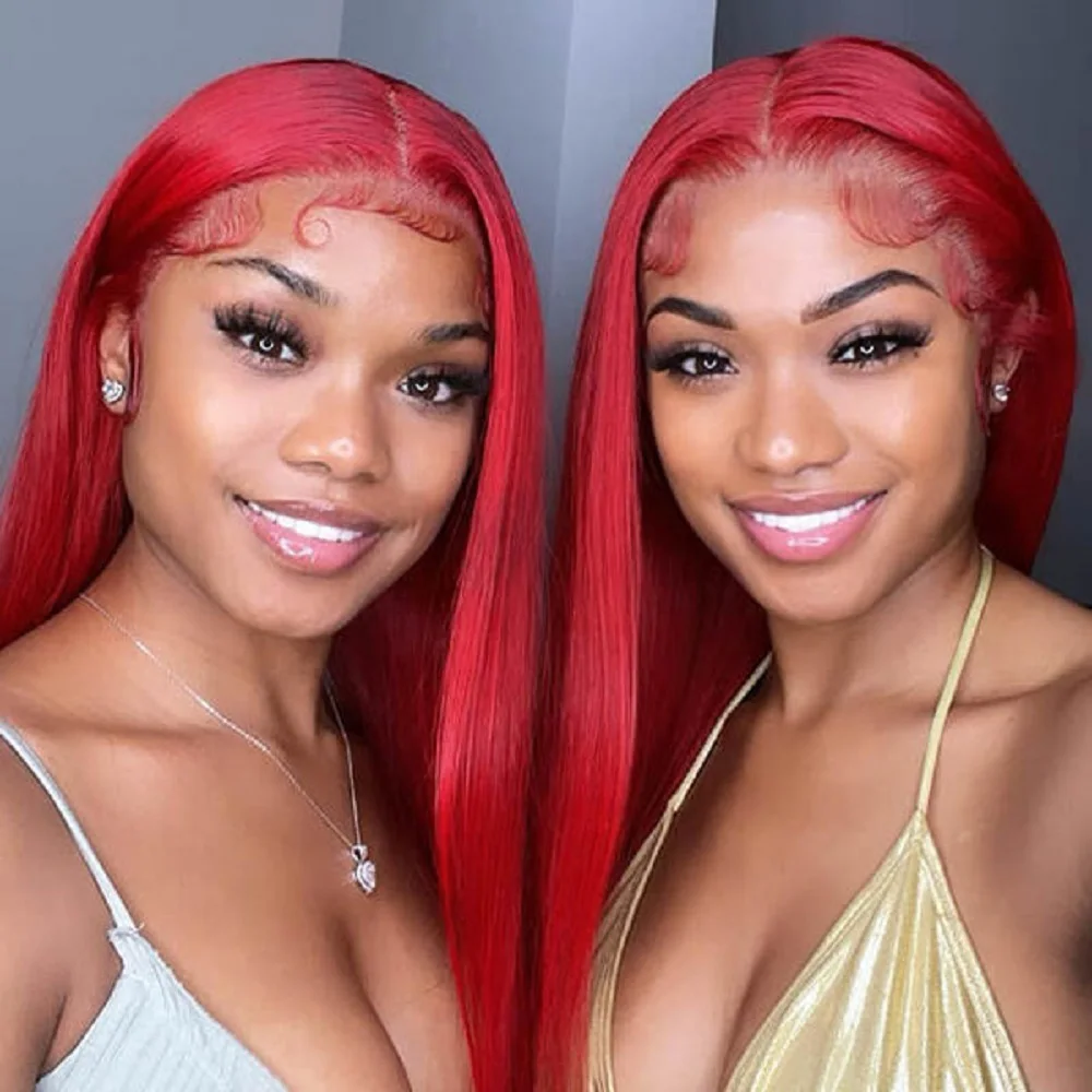 Hot Red Bone Straight 13X4 Lace Frontal Human Hair Wigs For Women Brazilian Pre Plucked 99J Burgundy Colored Lace Front Wigs