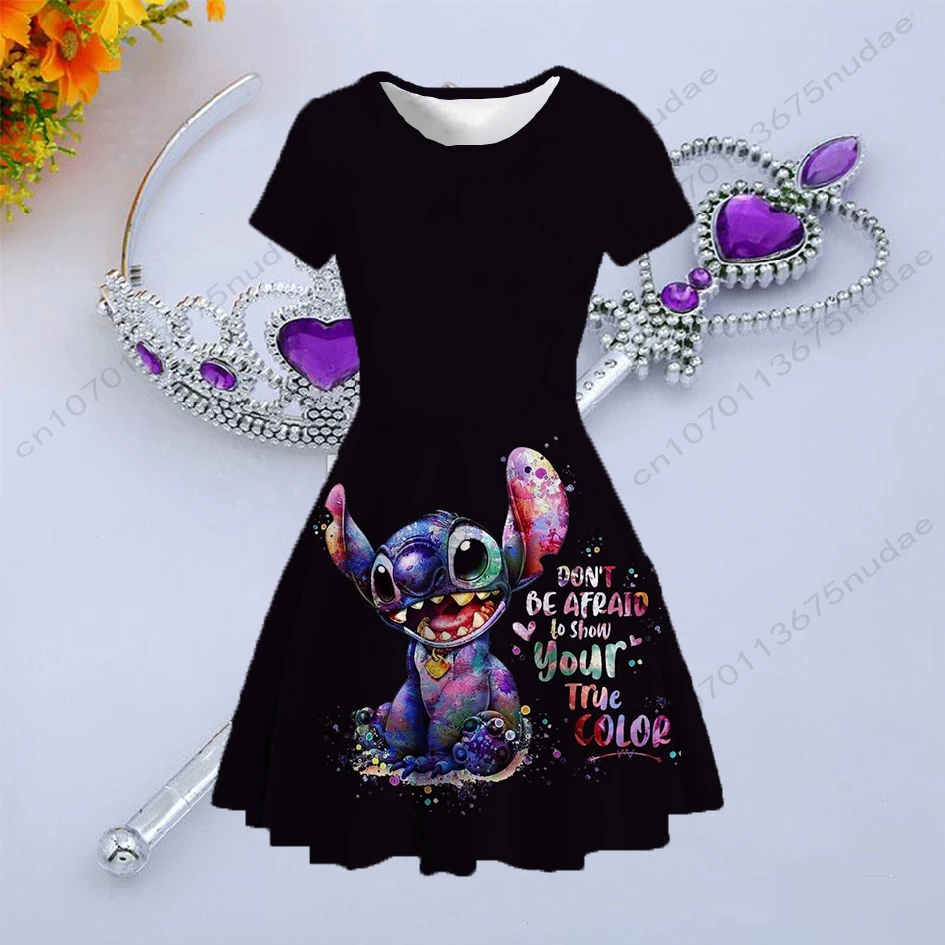 Round neck short sleeve waist slim dress childish cute warm funny rich colors Stitch Disney series print children's clothing