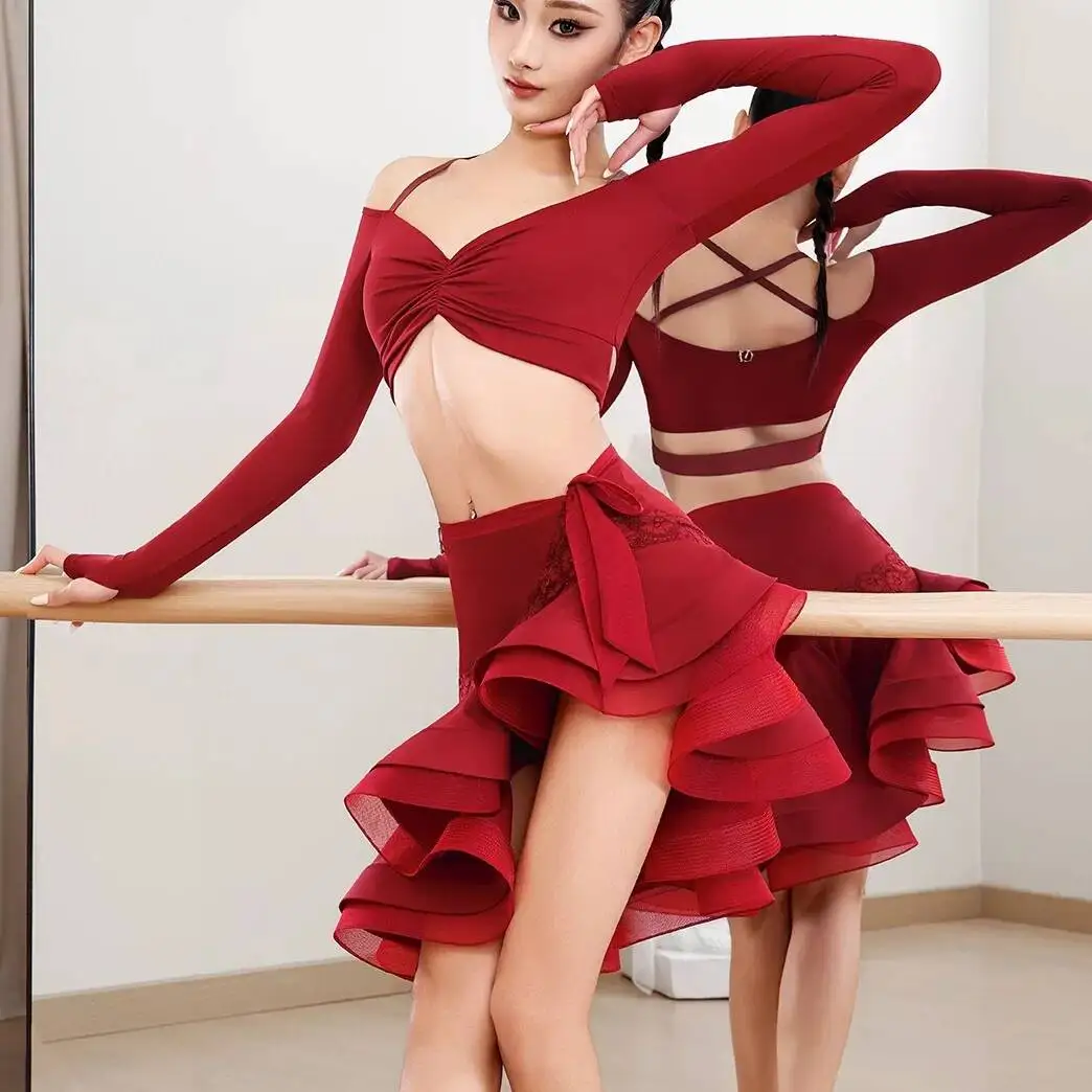[Gypsy Girl] Latin Dance Costume High-end Practice Outfit Off-Shoulder Fishbone Skirt Set for Adult Women Stage Performance