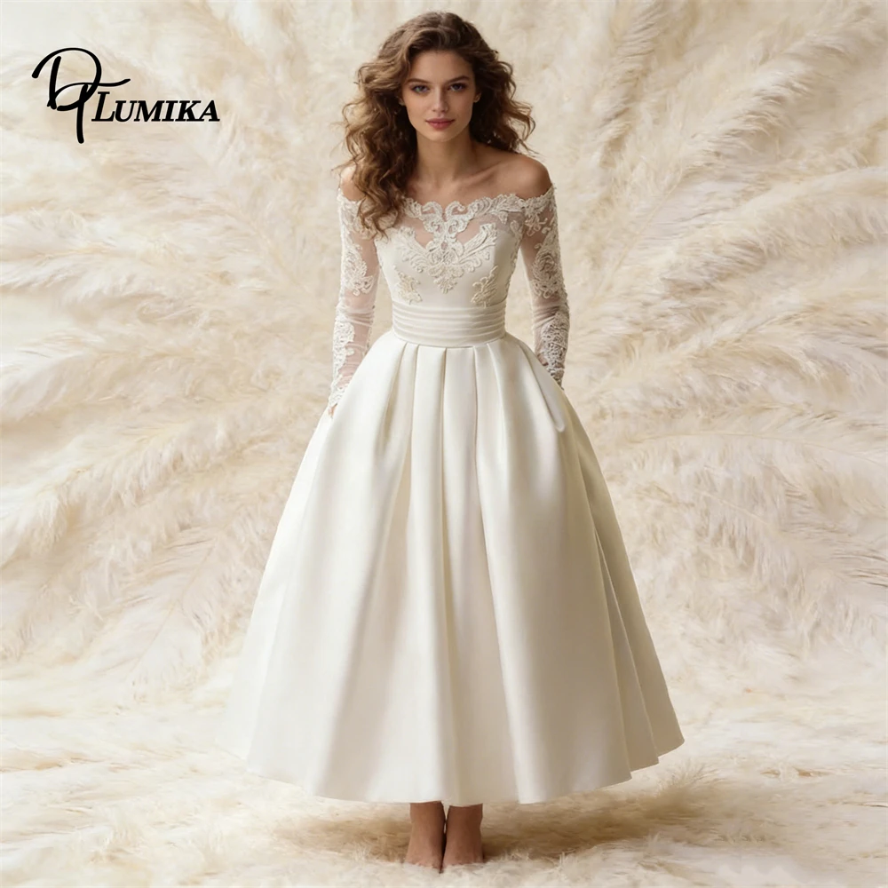 Modern Wedding Dress for Bride 2026 Off the Shoulder Lace Full Sleeves Bridal Gown with Pocket A Line Bridal Gown Tailored Fit
