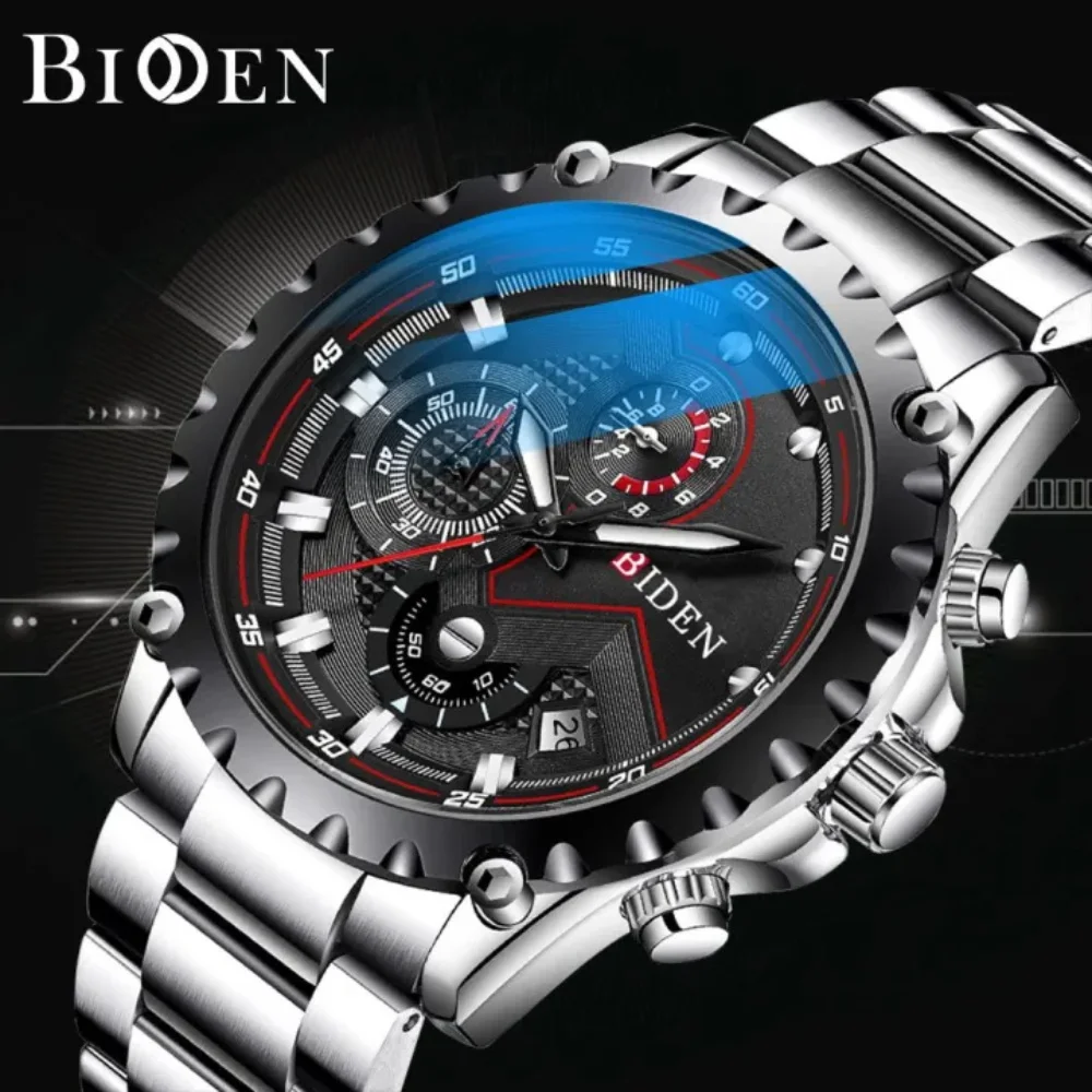 

Роскошные часы BIDEN для мужчин, кварцевые спортивные мужские часы, водонепроницаемые, светящиеся, с ремешком из нержавеющей стали, хронограф, Reloj para