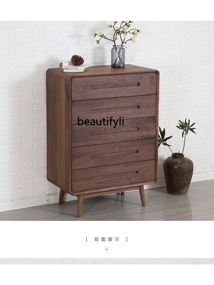 R Solid Wood Black Walnut Wooden Chests of Drawers Chest of Drawers  Nordic Five-Bucket Cabinet Cabinet Light Luxury Drawer Lock