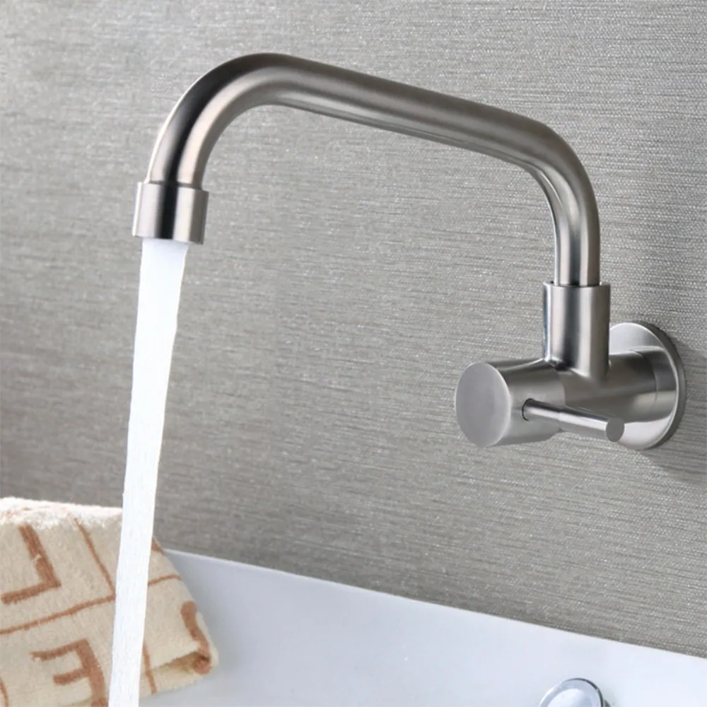 Wall Mounted Rotatable Kitchen Faucet Stainless Steel Splash-proof Sink Water Tap Curved Design Horizontal