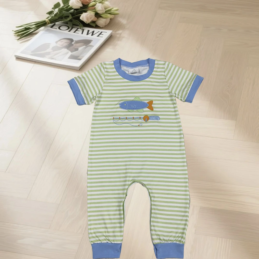 

12.6 Baby Boys Rompers Embroidery Fishing Baby Boys Stripe Hunting Footie Rompers